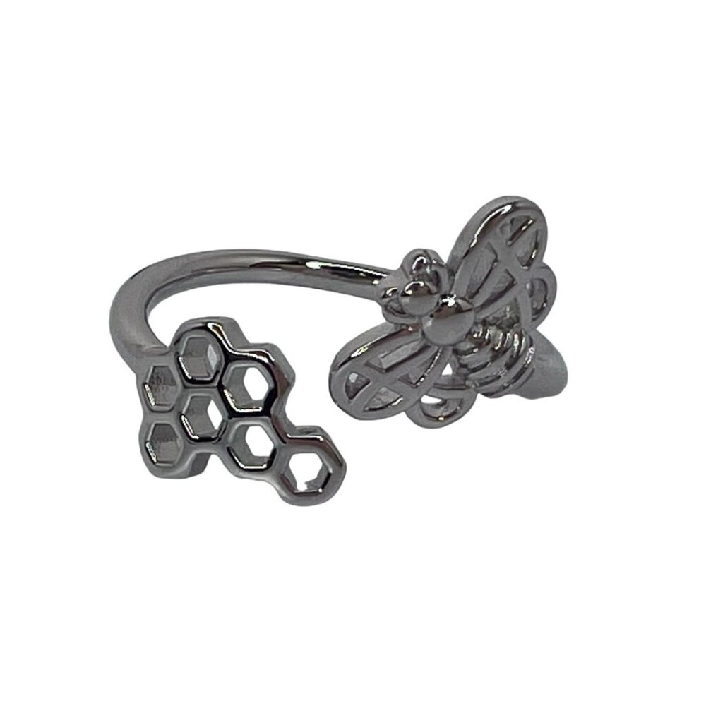 Bee and Honeycomb Hive Adjustable Silver Color Ring Jewelry One Size